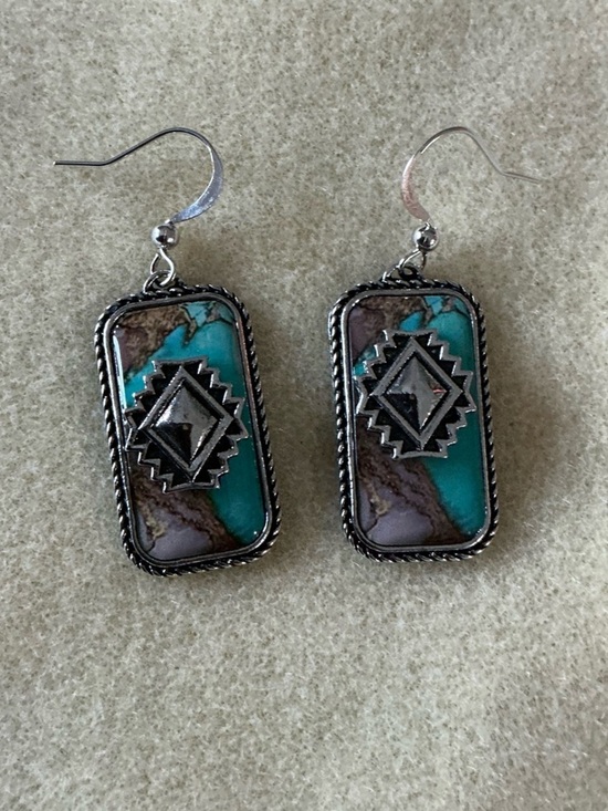 Jewelry - Rectangle Drop Earrings with Silver Tribal Accent